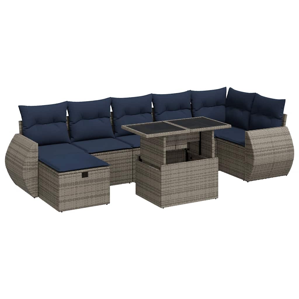 Salon de jardin 8pcs avec coussins gris résine tressée acacia