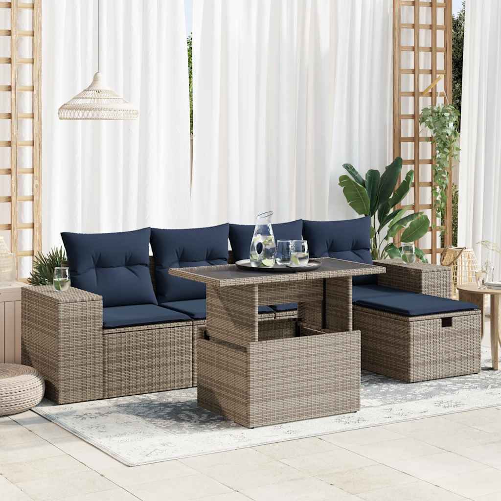 Salon de jardin avec coussins 6pcs marron résine tressée acacia