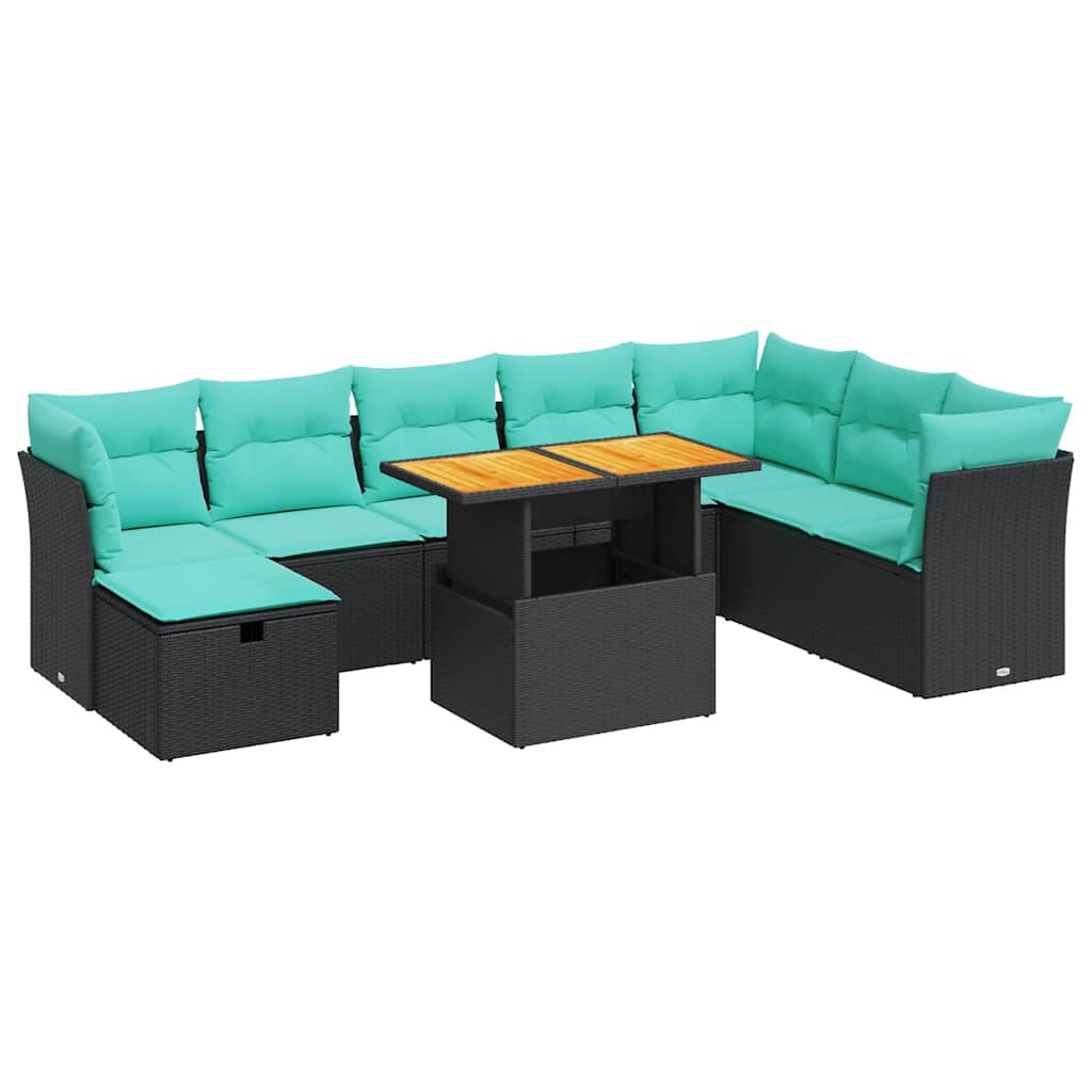 Salon de jardin avec coussins 9 pcs gris résine tressée acacia