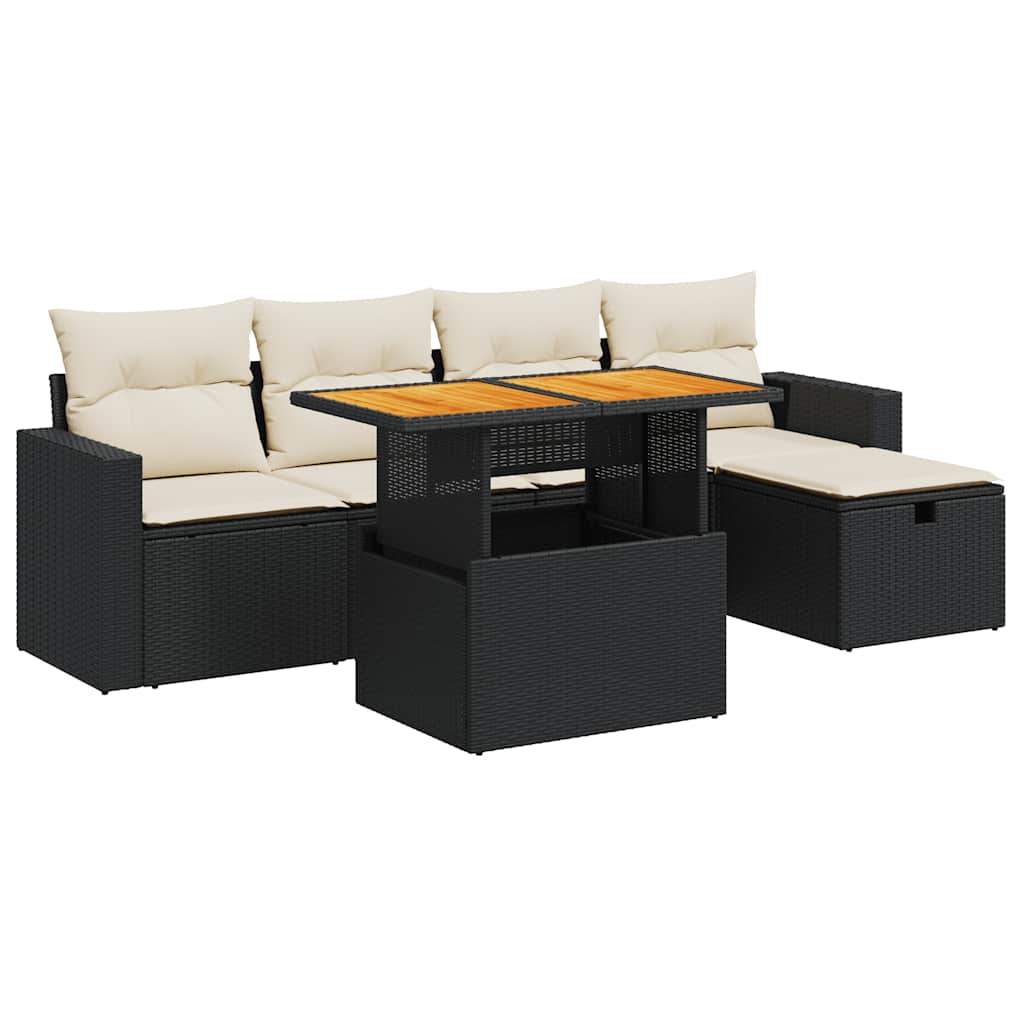 Salon de jardin 6 pcs avec coussins noir résine tressée acacia
