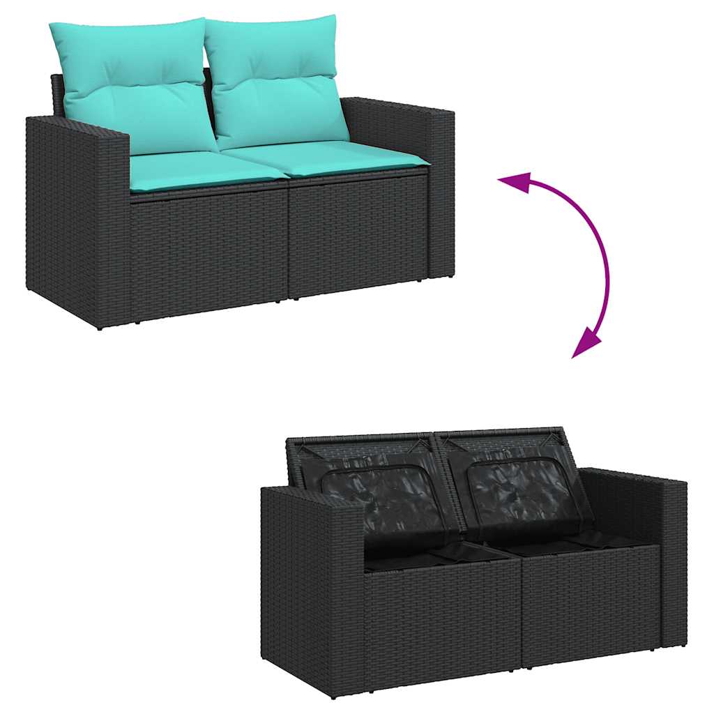 Salon de jardin 6 pcs avec coussins noir résine tressée acacia