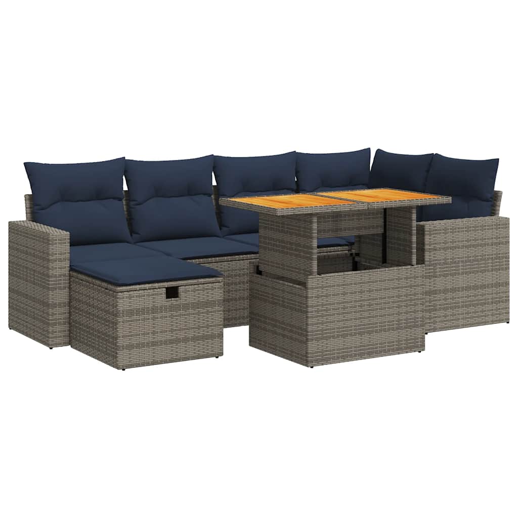 Salon de jardin avec coussins 7 pcs noir résine tressée acacia