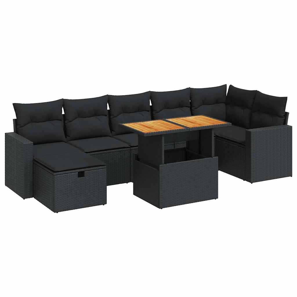 Salon de jardin 5 pcs avec coussins noir résine tressée acacia