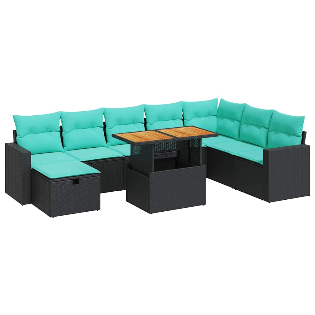 Salon de jardin avec coussins 9 pcs noir résine tressée acacia