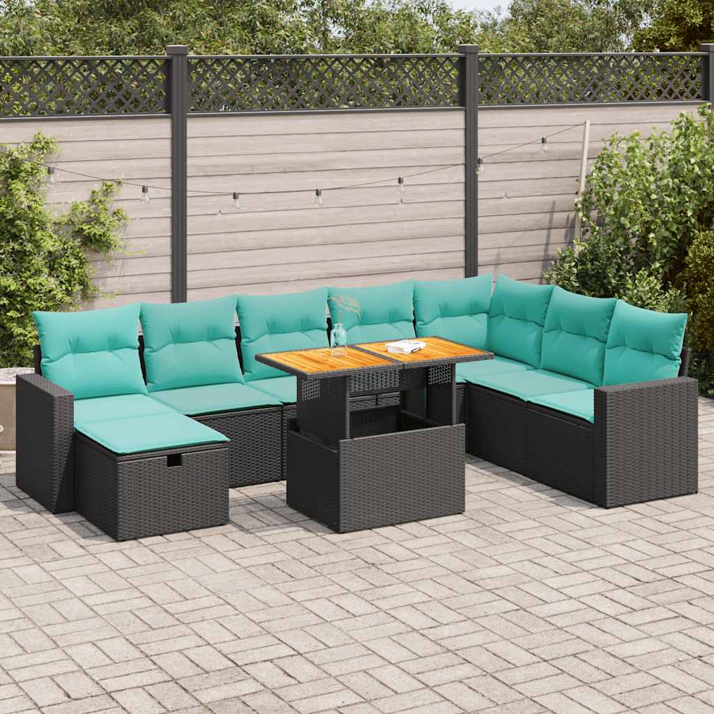 Salon de jardin avec coussins 9 pcs noir résine tressée acacia