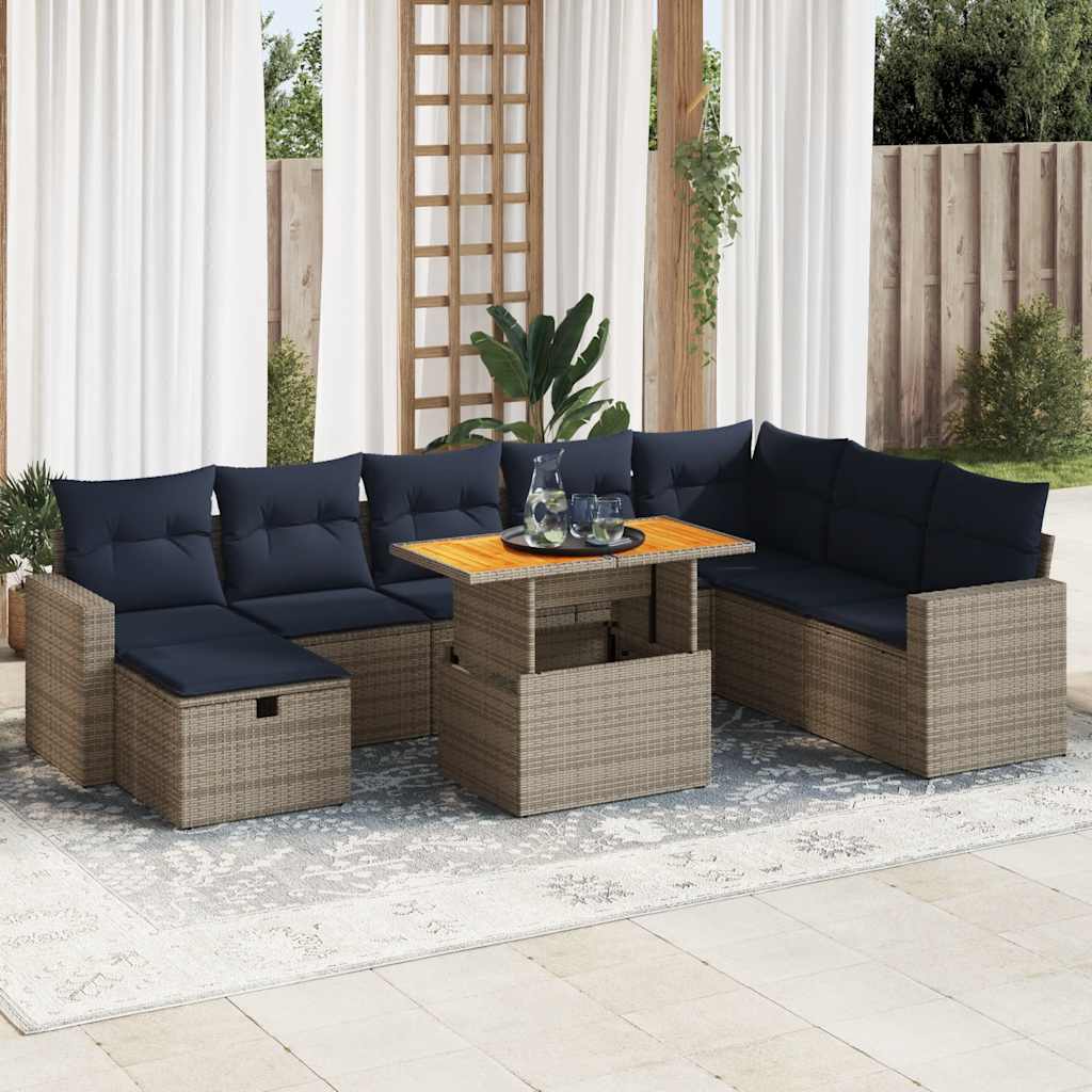 Salon de jardin avec coussins 9 pcs gris résine tressée acacia