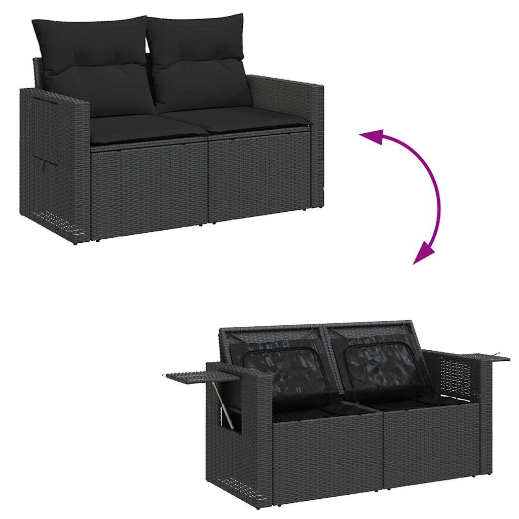 Salon de jardin avec coussins 8 pcs noir résine tressée acacia