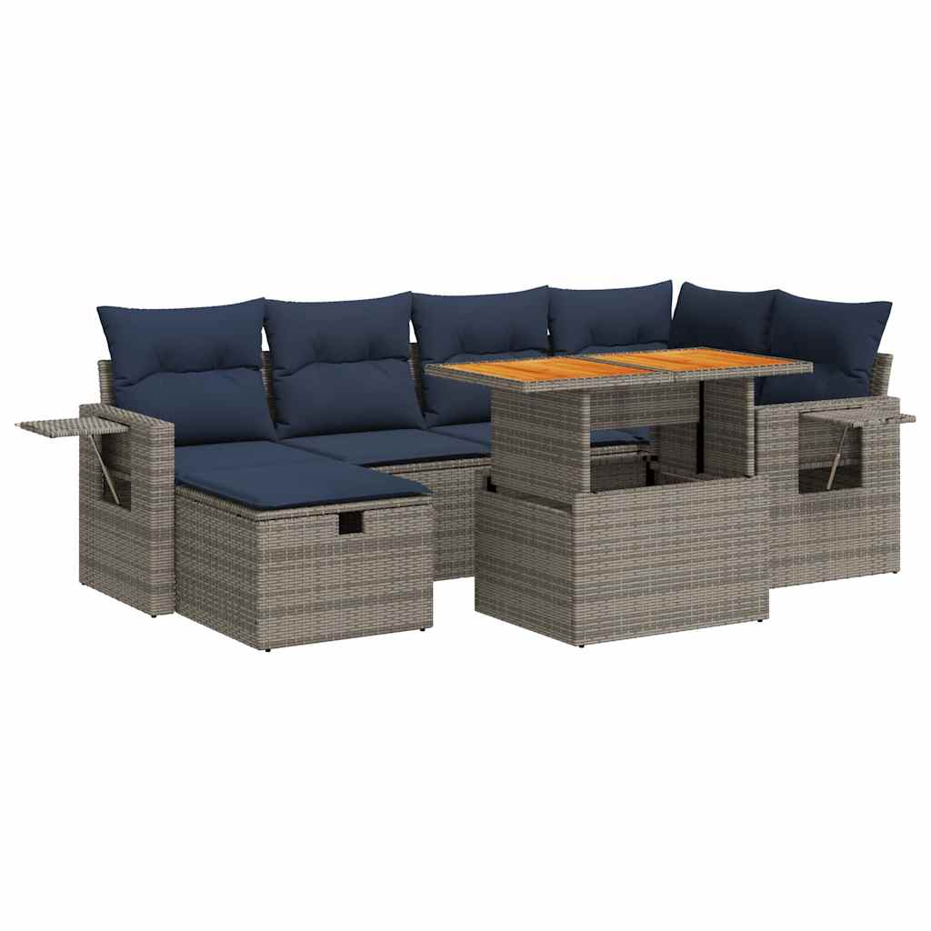 Salon de jardin avec coussins 7 pcs noir résine tressée acacia