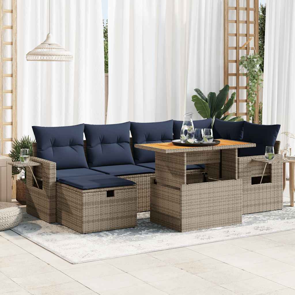 Salon de jardin avec coussins 7 pcs noir résine tressée acacia