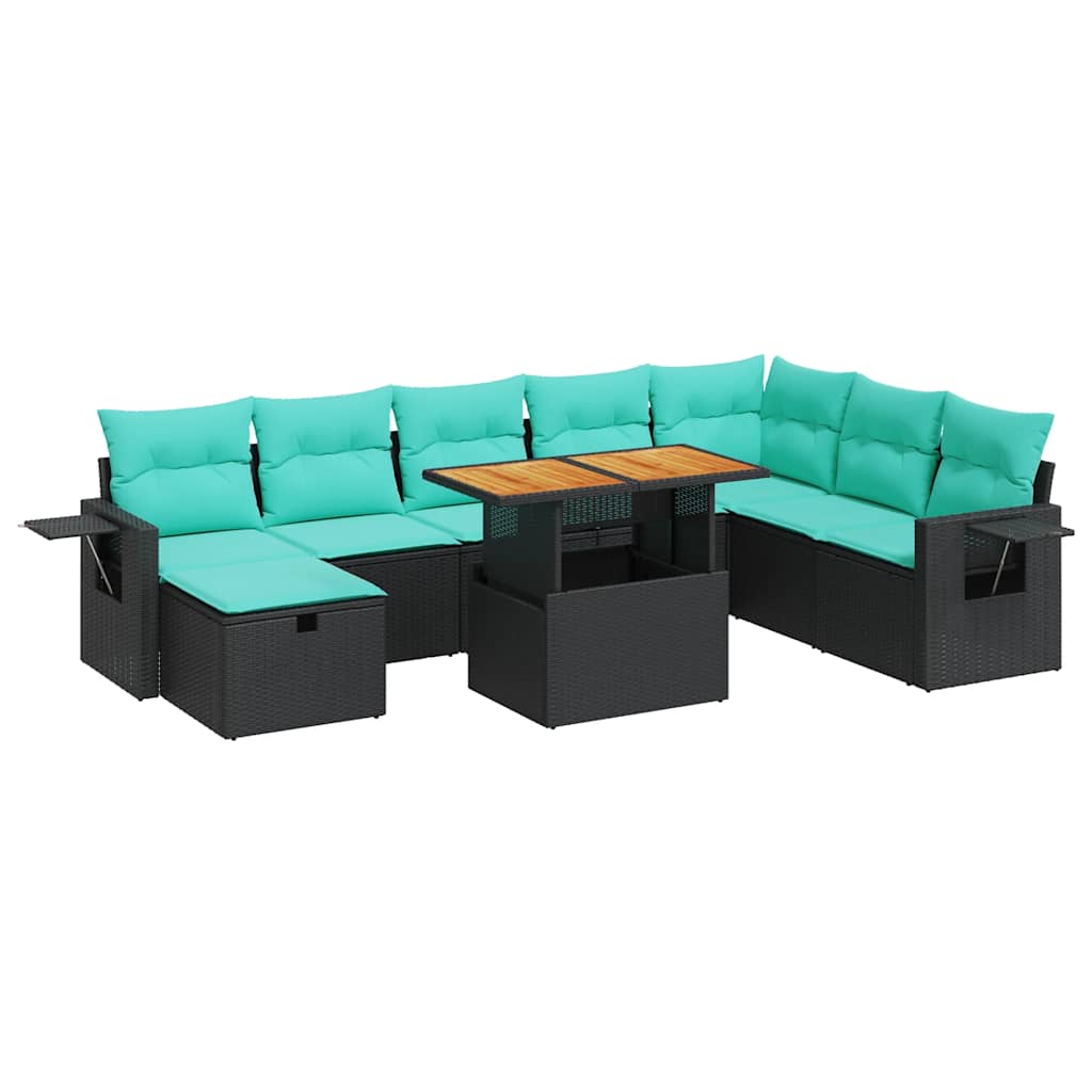 Salon de jardin avec coussins 9 pcs noir résine tressée acacia