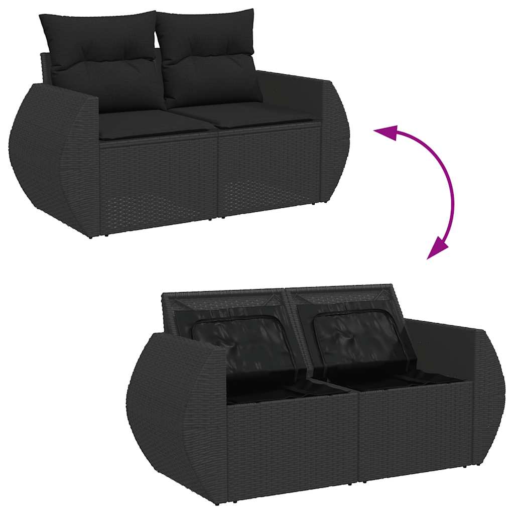 Salon de jardin 6 pcs avec coussins noir résine tressée acacia