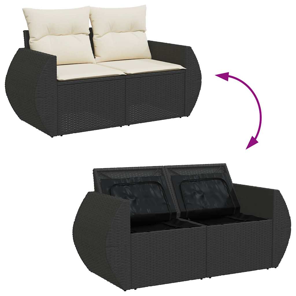 Salon de jardin 6 pcs avec coussins noir résine tressée acacia
