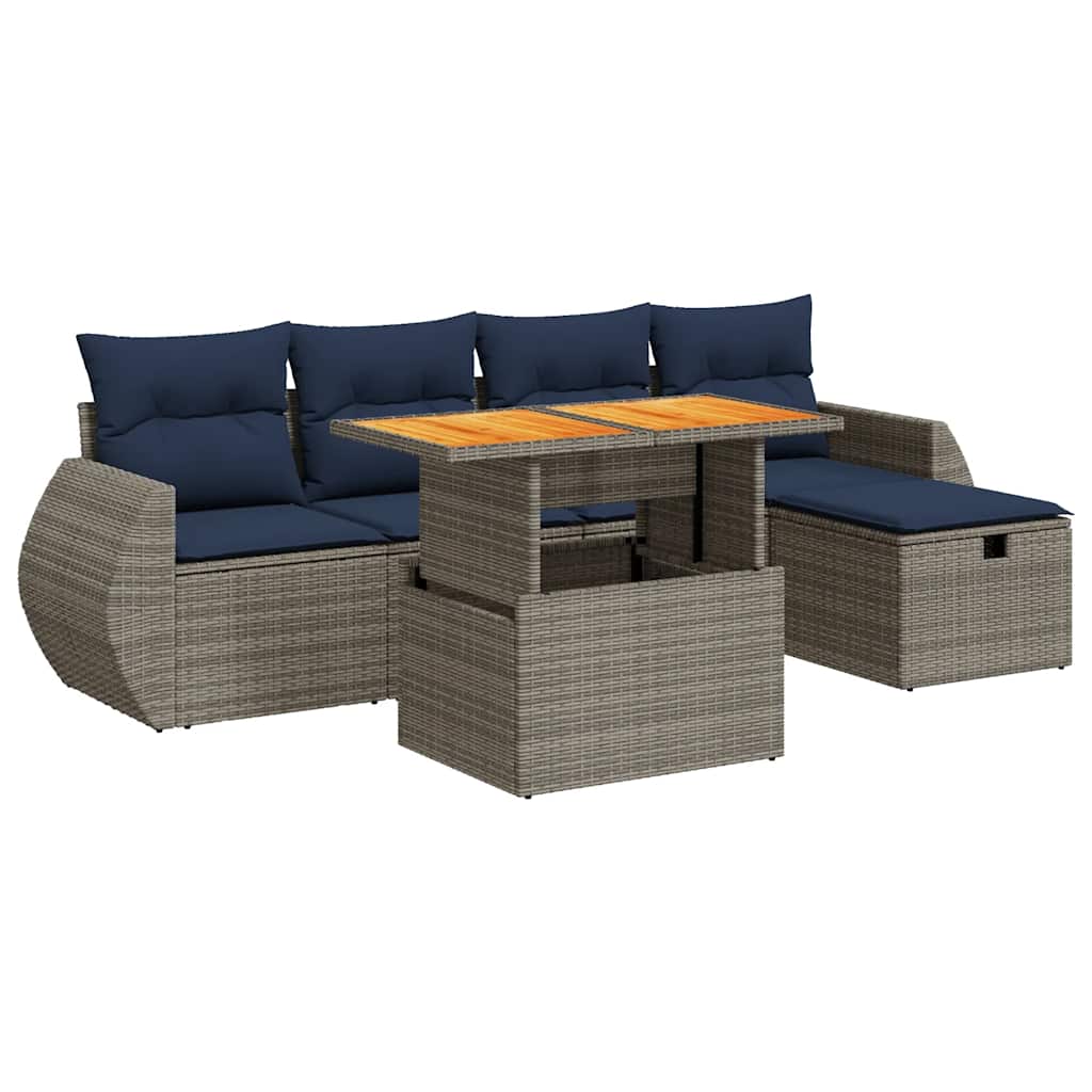 Salon de jardin 6 pcs avec coussins noir résine tressée acacia