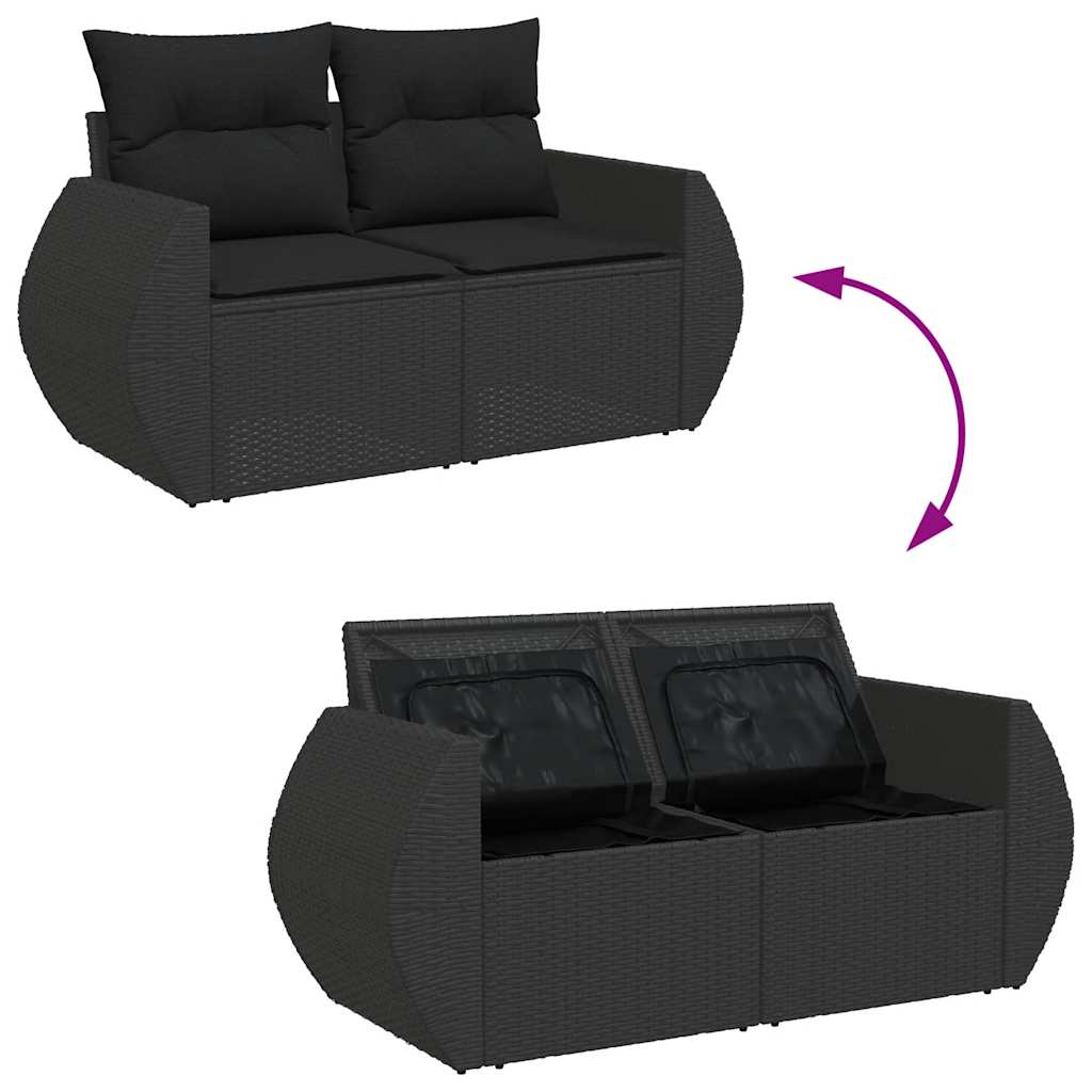 Salon de jardin 5 pcs avec coussins noir résine tressée acacia