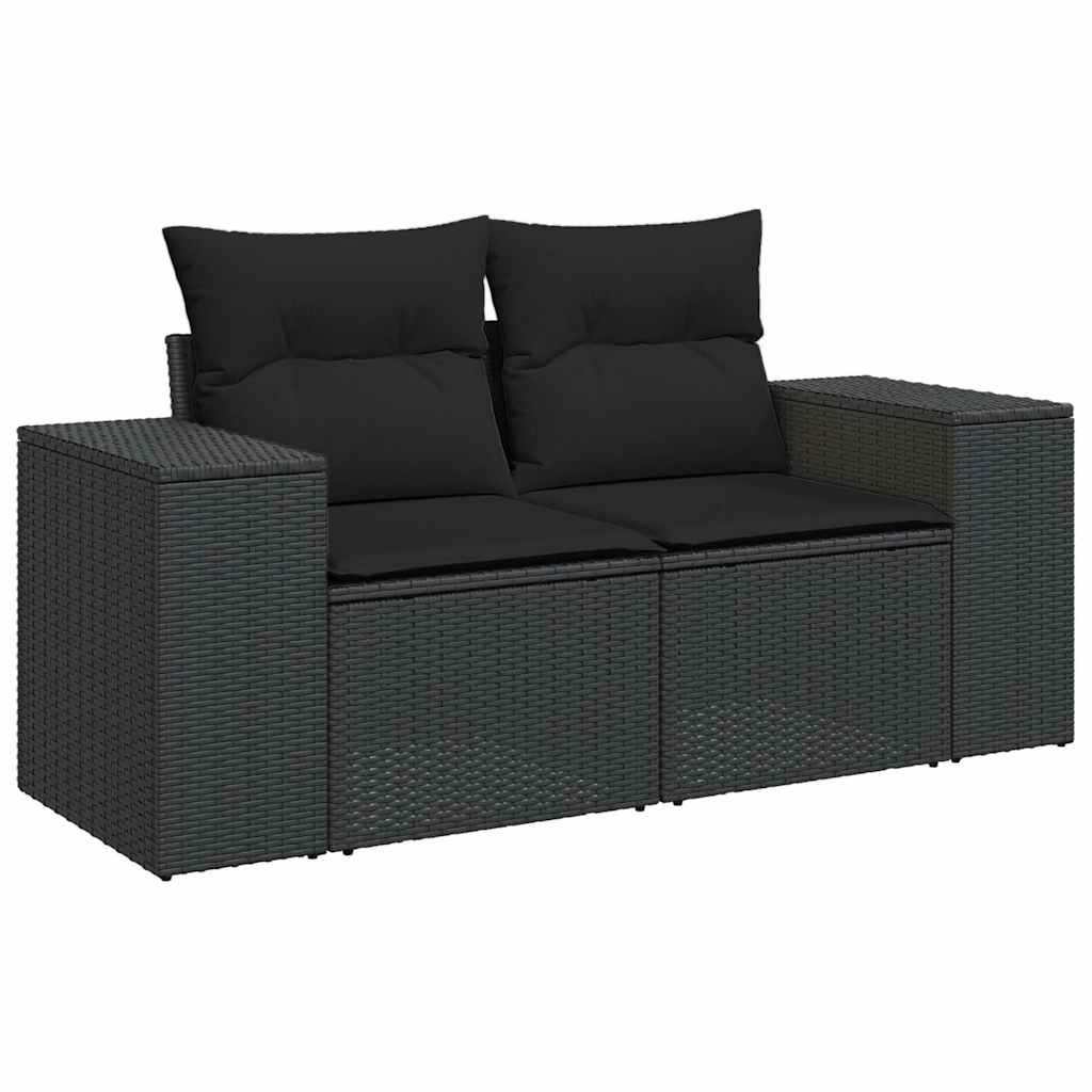 Salon de jardin 6 pcs avec coussins noir résine tressée acacia