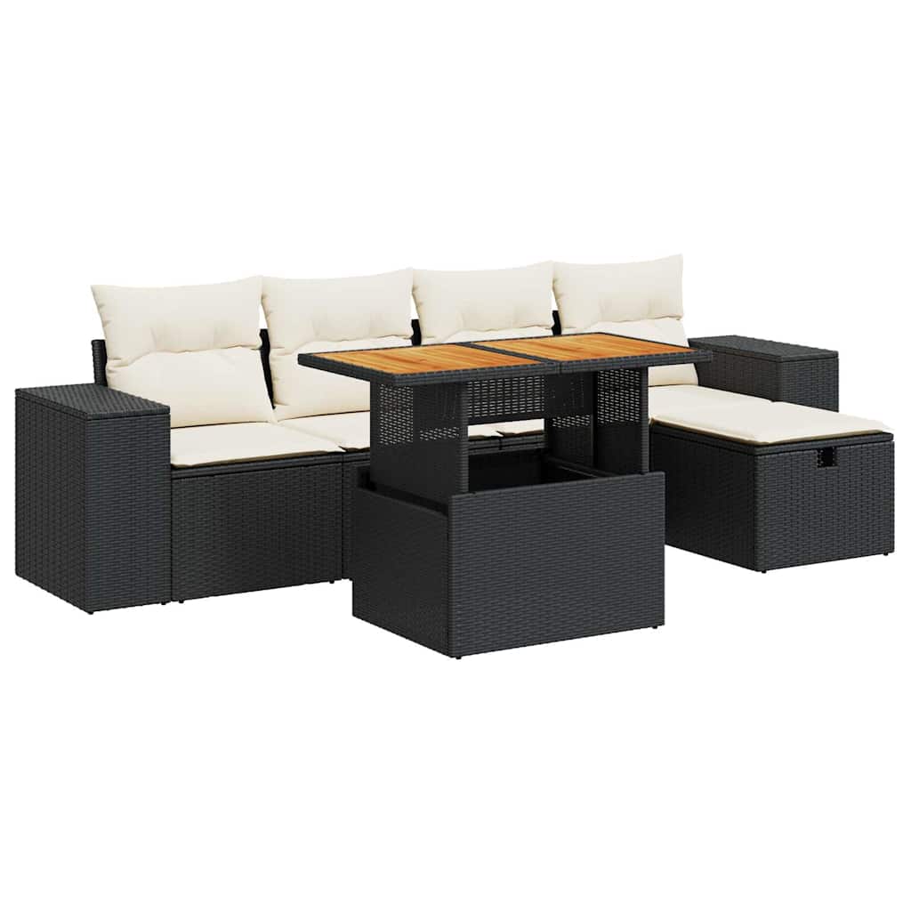 Salon de jardin 6 pcs avec coussins noir résine tressée acacia