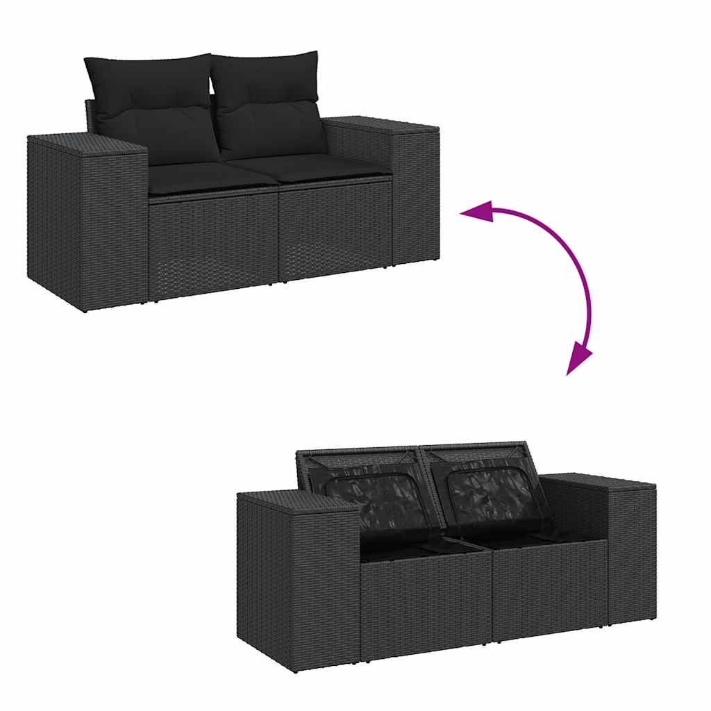 Salon de jardin avec coussins 8 pcs noir résine tressée acacia