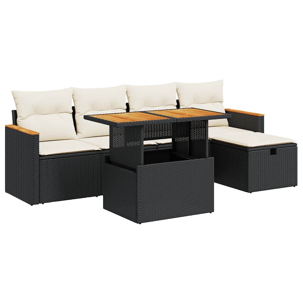 Salon de jardin 6 pcs avec coussins noir résine tressée