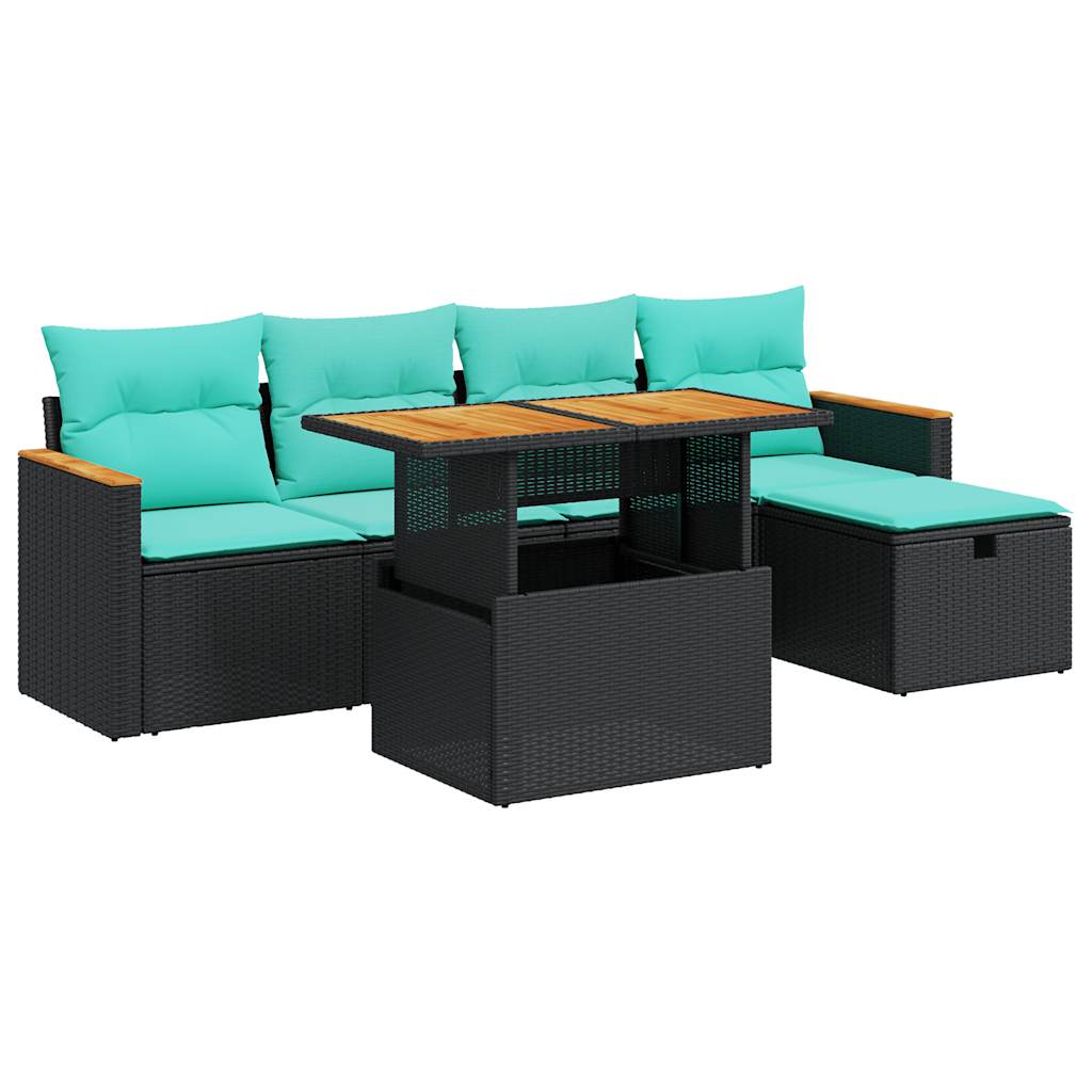 Salon de jardin 6 pcs avec coussins noir résine tressée acacia