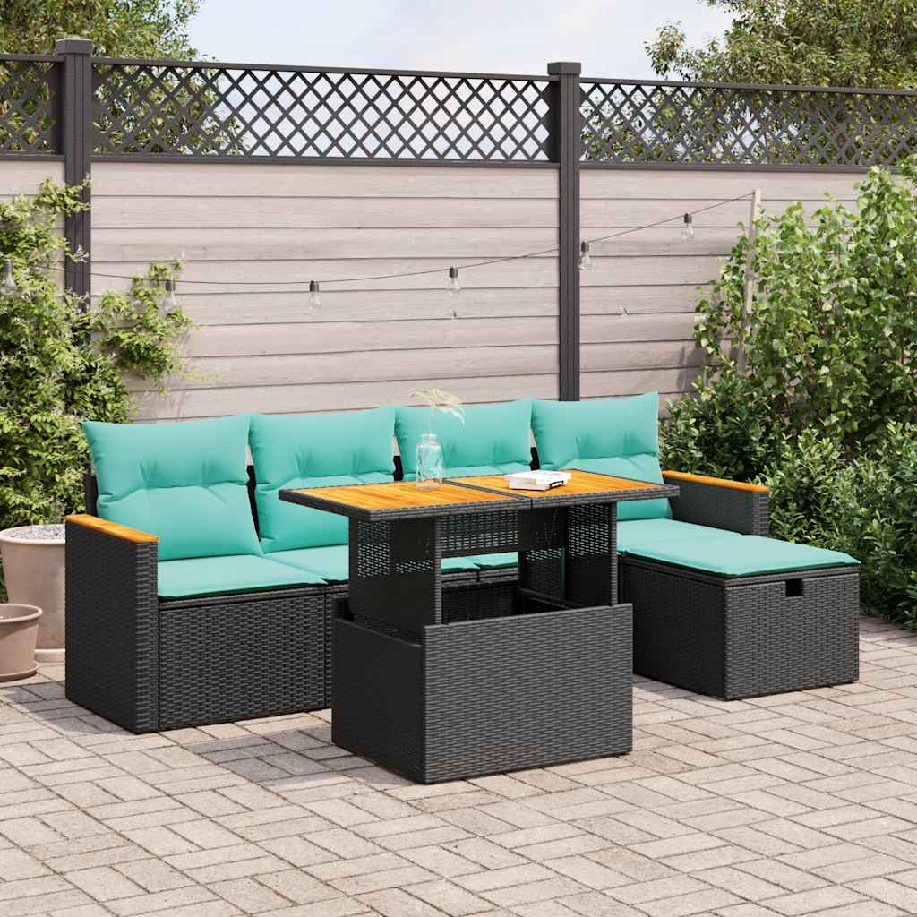 Salon de jardin 6 pcs avec coussins noir résine tressée acacia