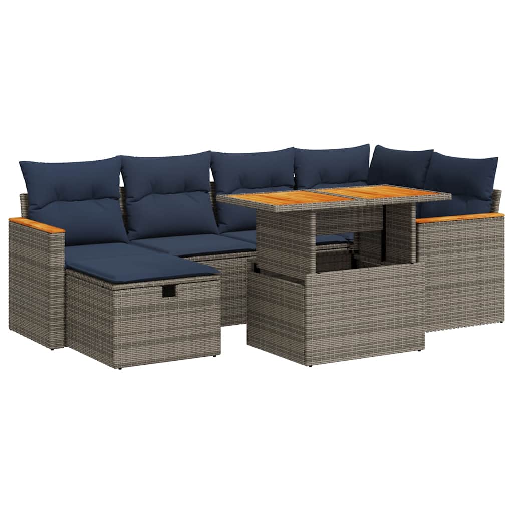 Salon de jardin avec coussins 7 pcs gris résine tressée acacia