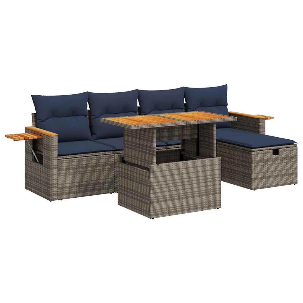 Salon de jardin avec coussins 6 pcs gris résine tressée acacia