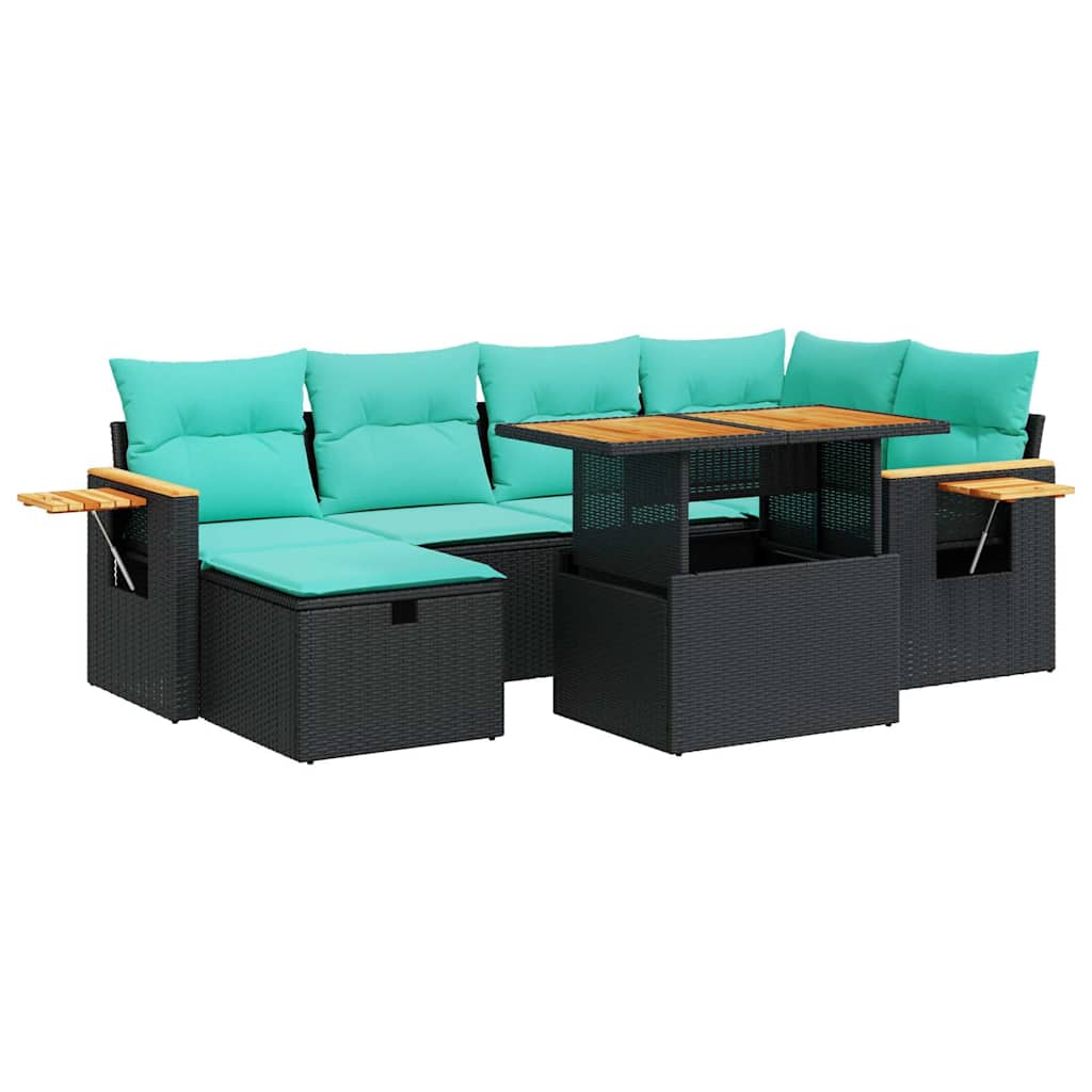 Salon de jardin avec coussins 7pcs marron résine tressée acacia