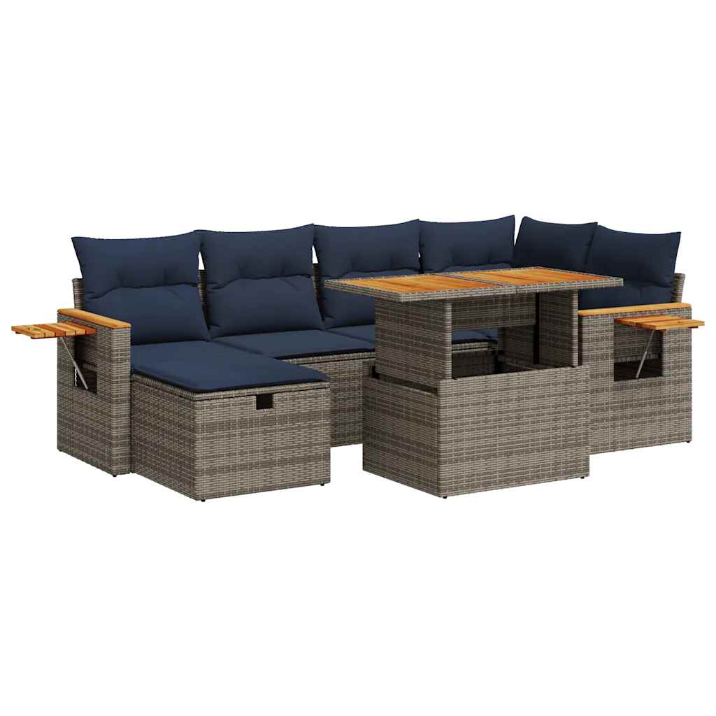 Salon de jardin avec coussins 7 pcs gris résine tressée acacia