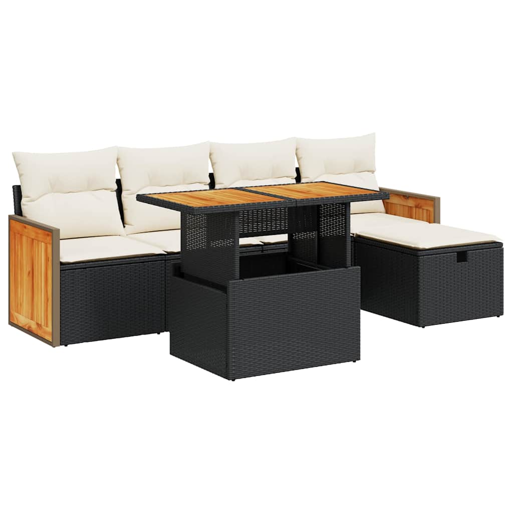 Salon de jardin 6 pcs avec coussins noir résine tressée