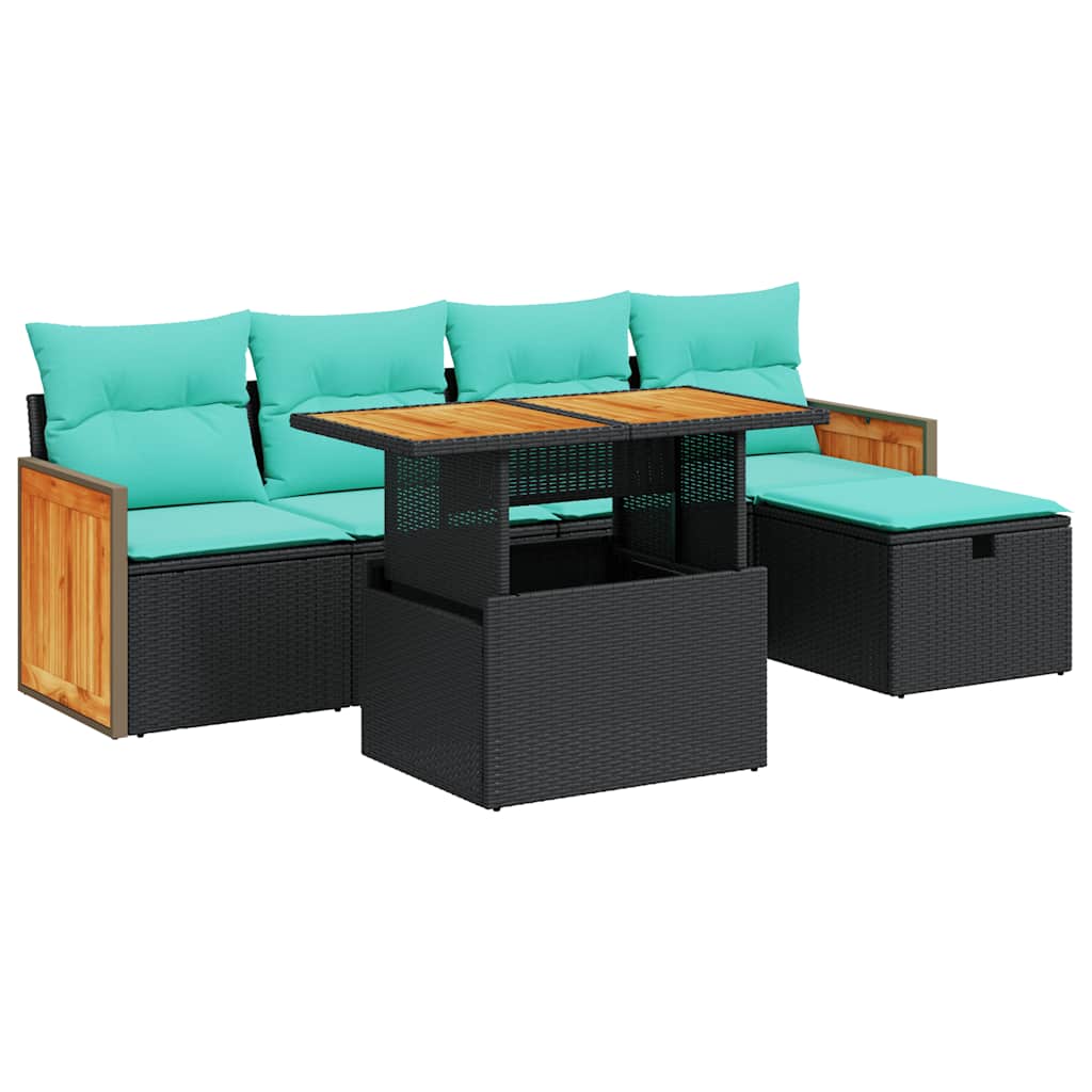 Salon de jardin 6 pcs avec coussins noir résine tressée acacia