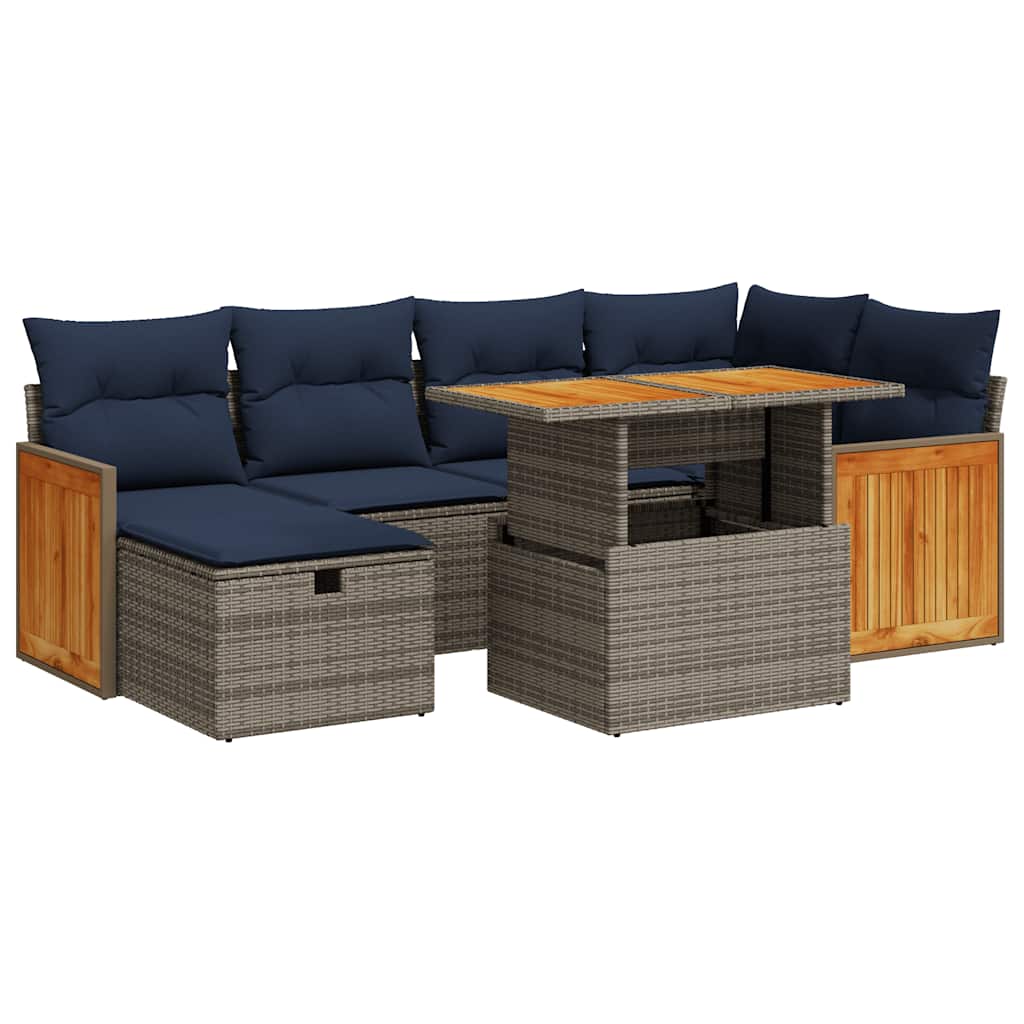 Salon de jardin avec coussins 7 pcs gris résine tressée acacia