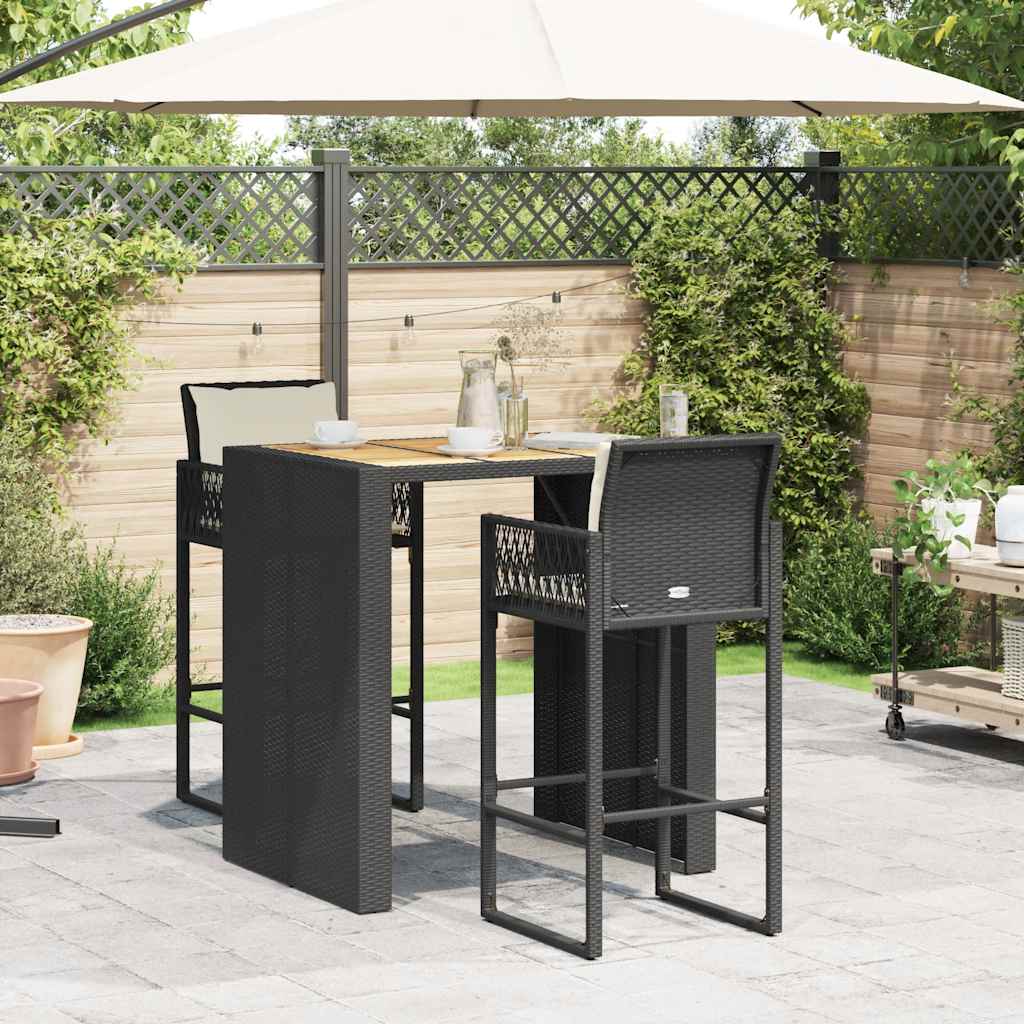 Ensemble de bar de jardin 3 pcs coussins noir poly rotin acacia