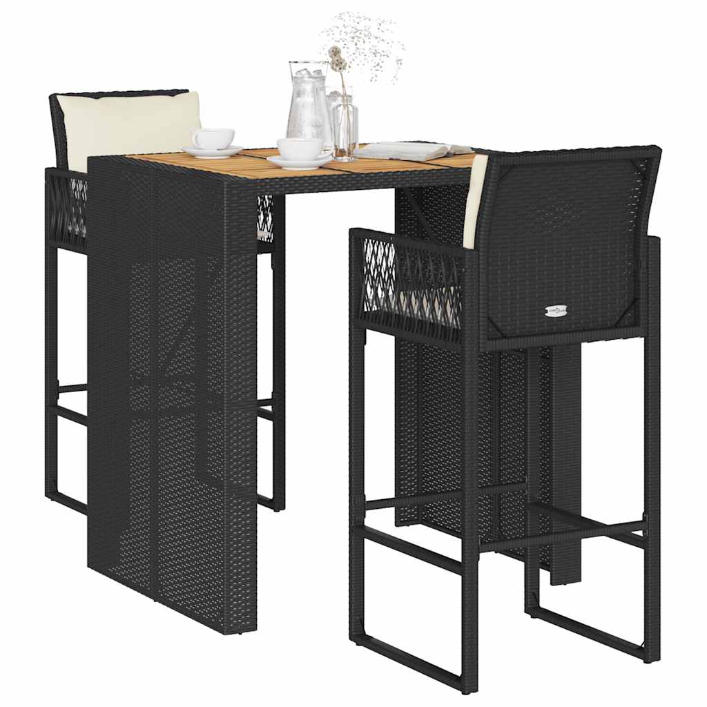 Ensemble de bar de jardin 3 pcs coussins noir poly rotin acacia