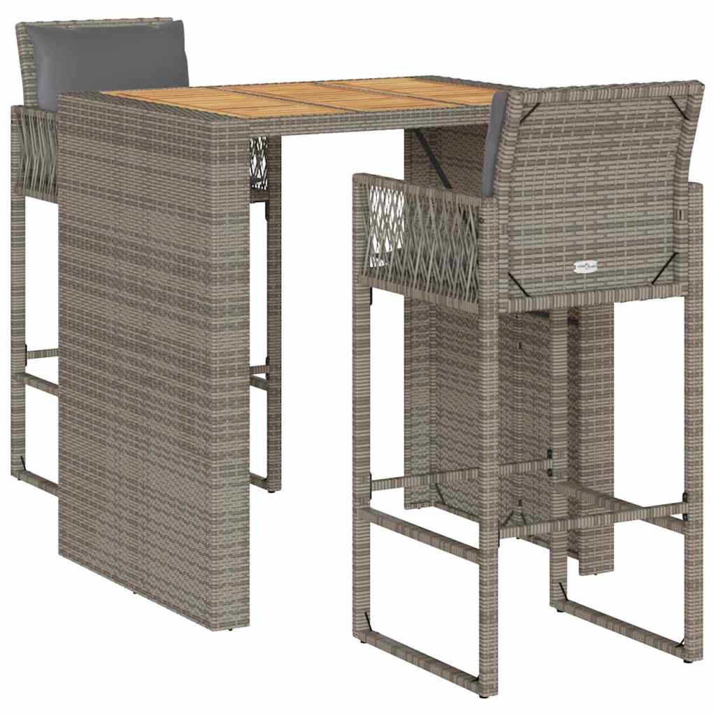Ensemble de bar de jardin 3 pcs et coussins gris résine tressée