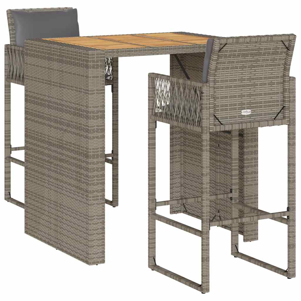 Ensemble de bar de jardin 3 pcs et coussins gris résine tressée
