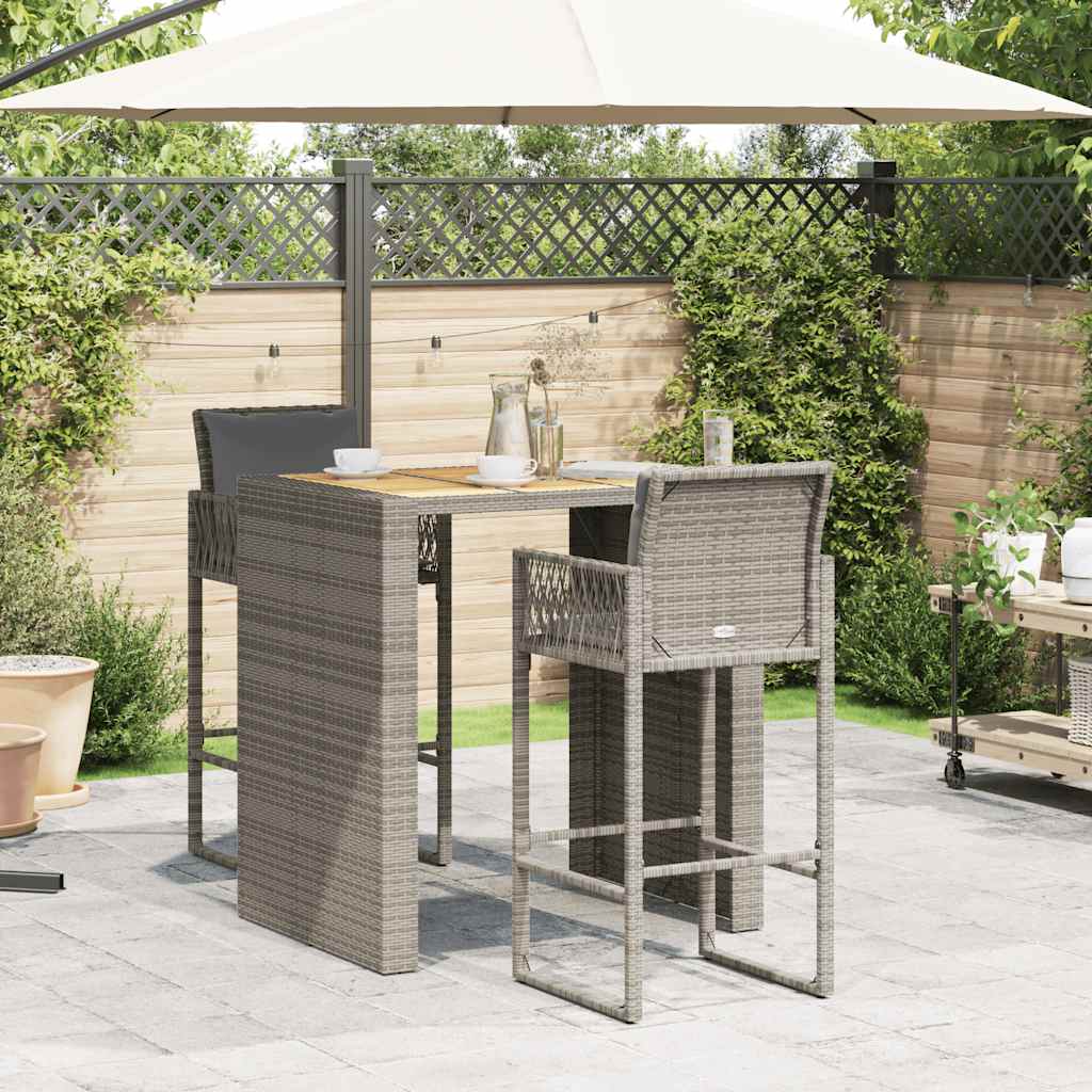 Ensemble de bar de jardin 3 pcs et coussins gris résine tressée