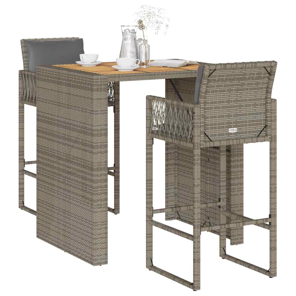 Ensemble de bar de jardin 3 pcs et coussins gris résine tressée