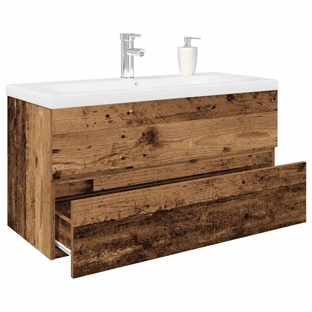 Meuble lavabo avec bassin et robinet intégrés vieux bois - XIOS