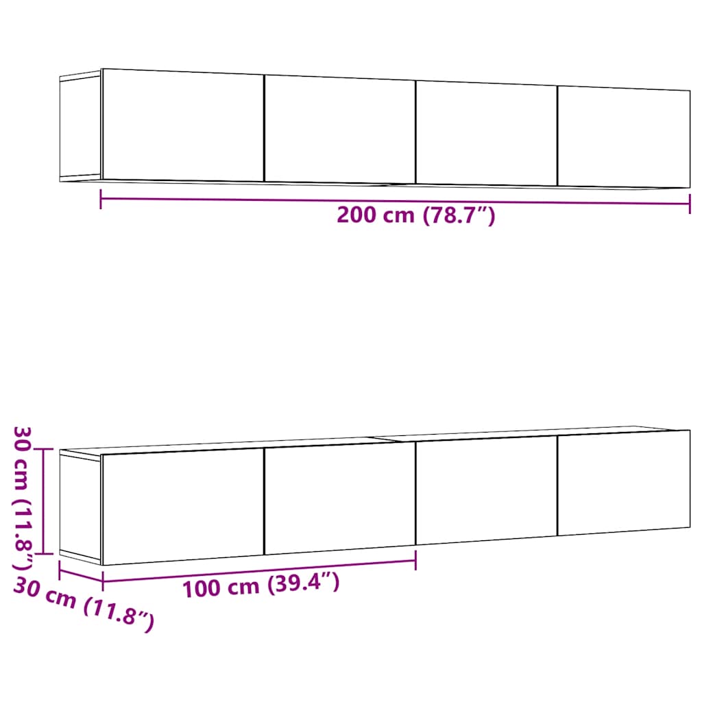 Ensemble de 4 meubles TV muraux en bois vieilli 100x30x30 cm - XIOS