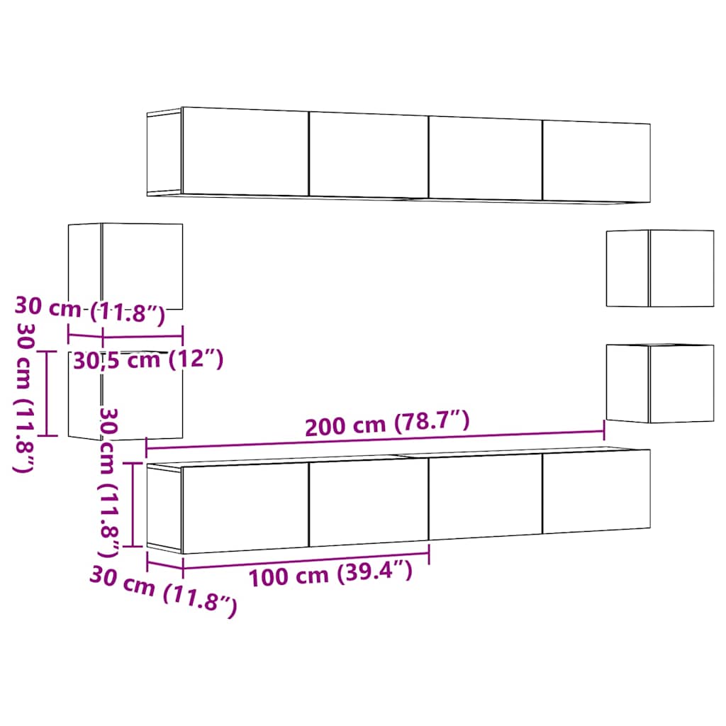Ensemble de meuble TV mural 8 pcs vieux bois bois d'ingénierie - XIOS