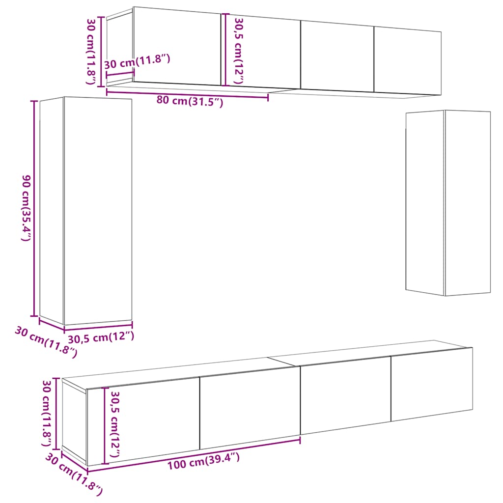 Ensemble de meuble TV mural 6 pcs vieux bois bois d'ingénierie - XIOS