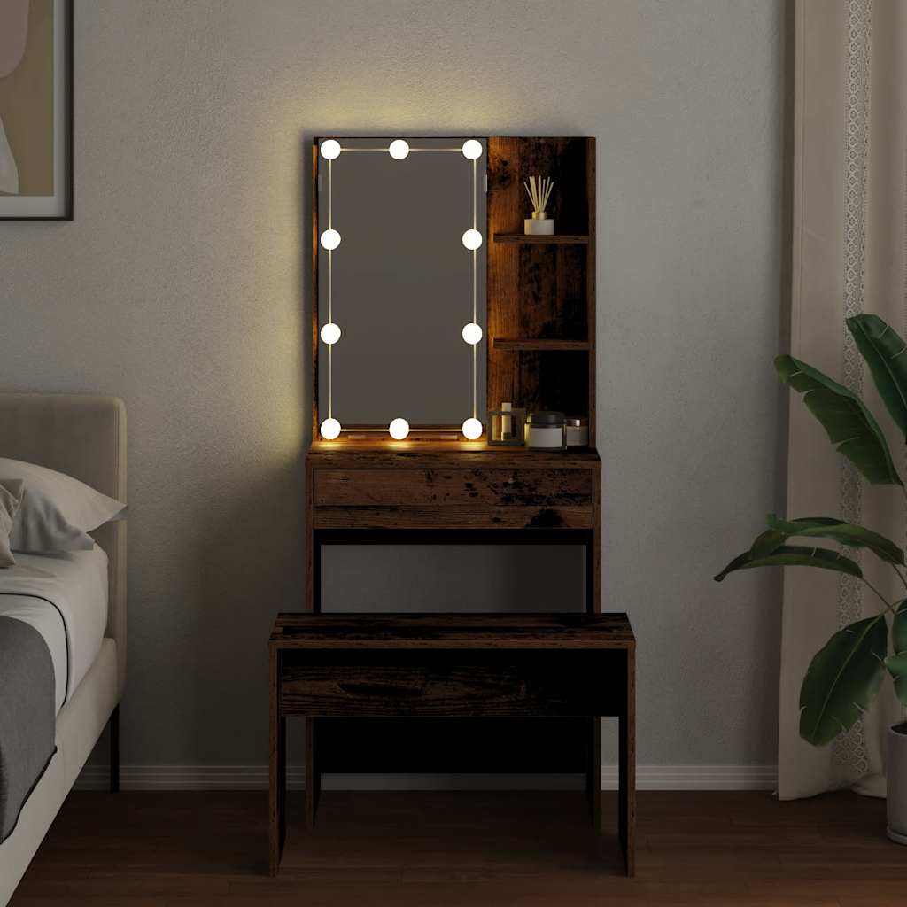 Ensemble de coiffeuse avec LED vieux bois bois d'ingénierie - XIOS