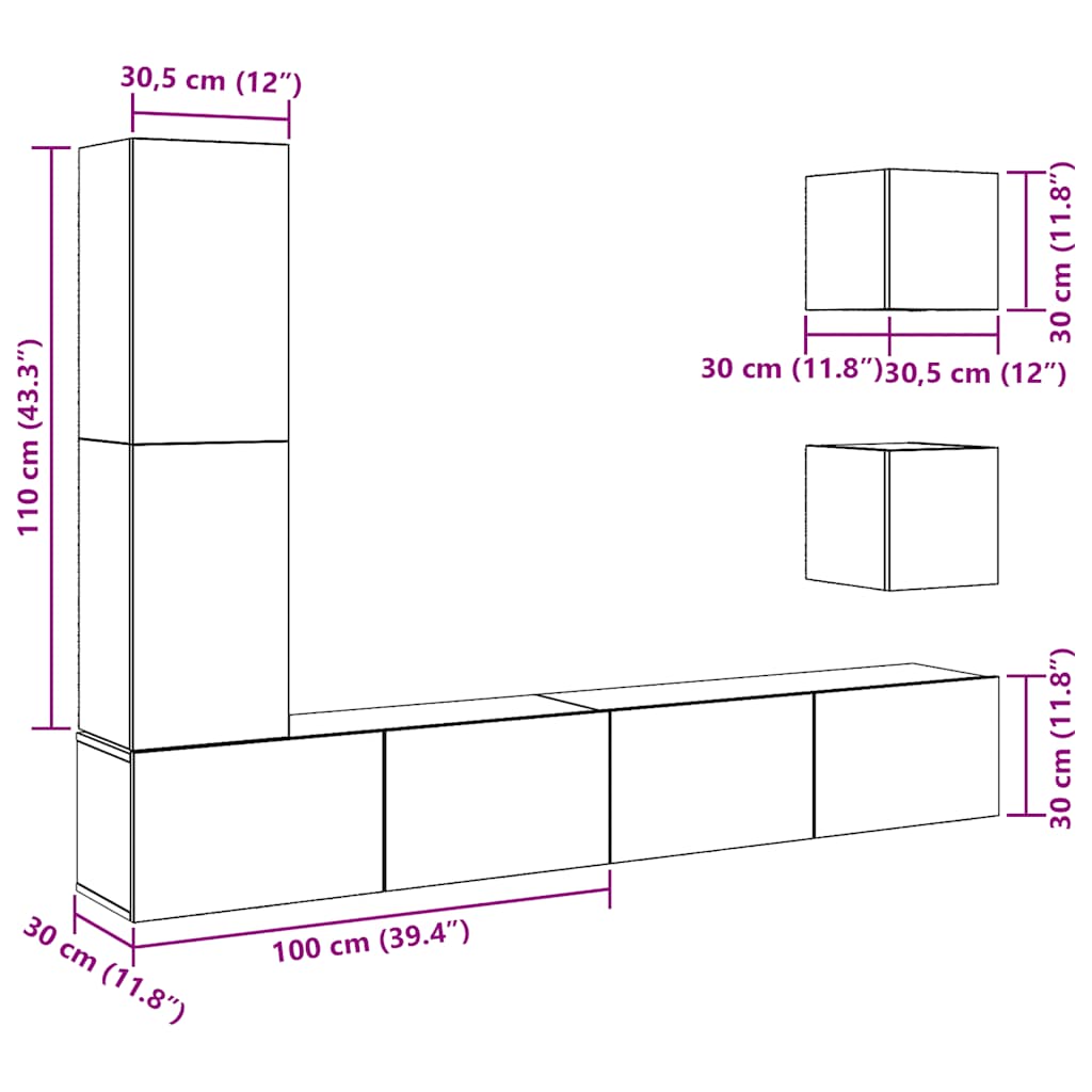 Ensemble de meuble TV mural 5 pcs vieux bois bois d'ingénierie - XIOS
