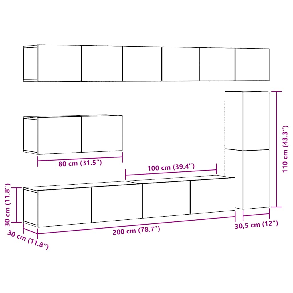 Ensemble de meuble TV mural 7 pcs vieux bois bois d'ingénierie - XIOS