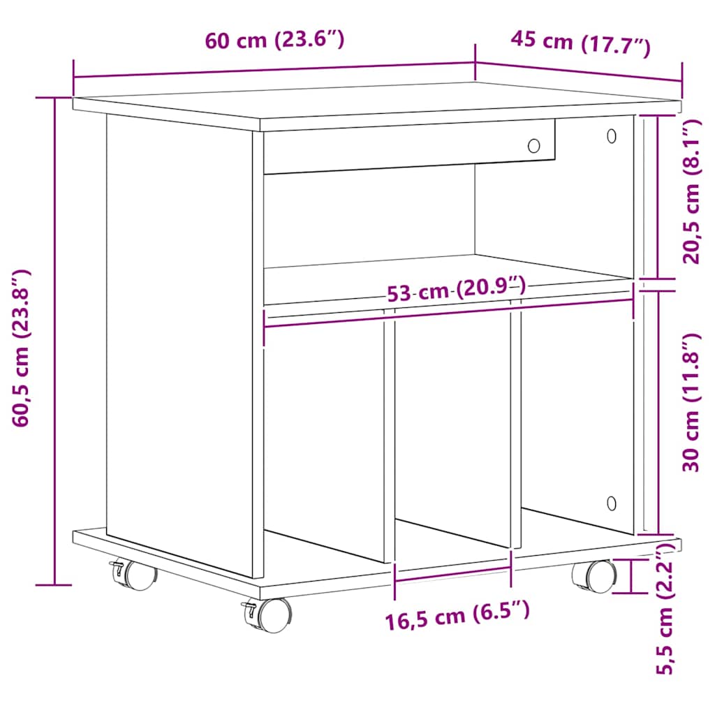 Cabinet roulant 60 x 45 x 55 cm Bois d'ingénierie Chêne noir - XIOS