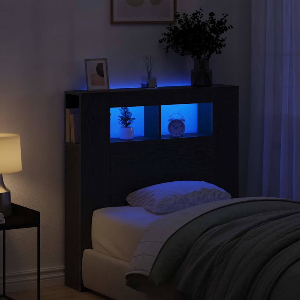 Tête de lit LED avec étagère Chêne noir 100 x 18,5 x 103,5 cm