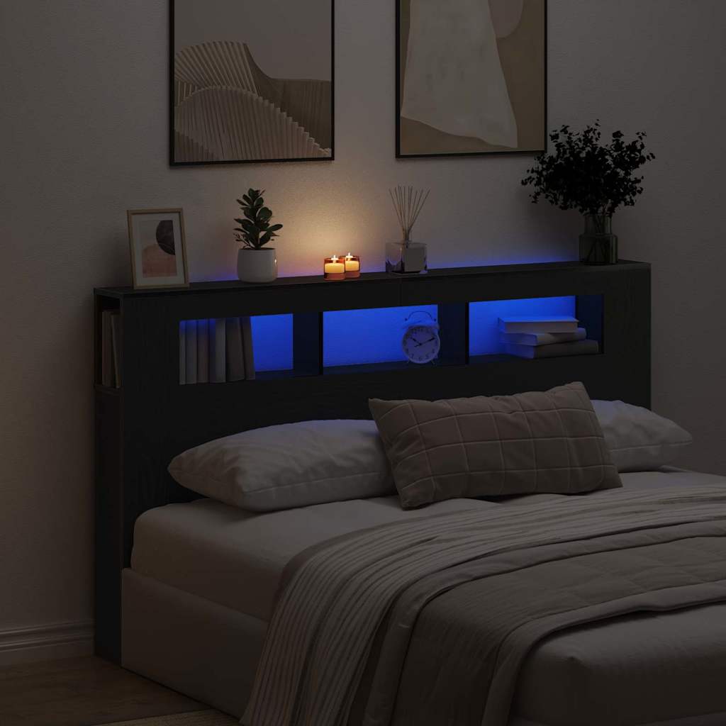 Tête de lit LED avec étagère Chêne noir 180 x 18,5 x 103,5 cm - XIOS