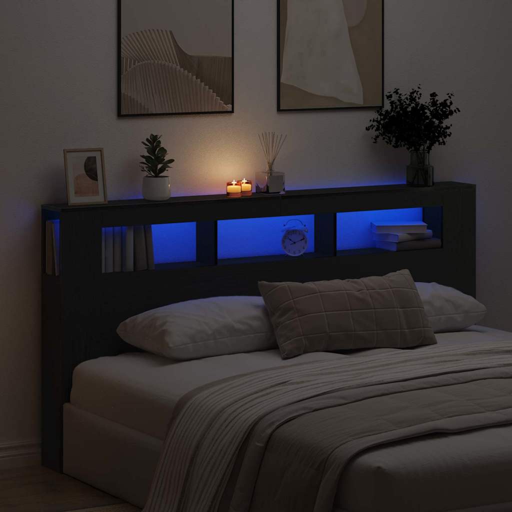 Tête de lit LED avec étagère Chêne noir 200 x 18,5 x 103,5 cm