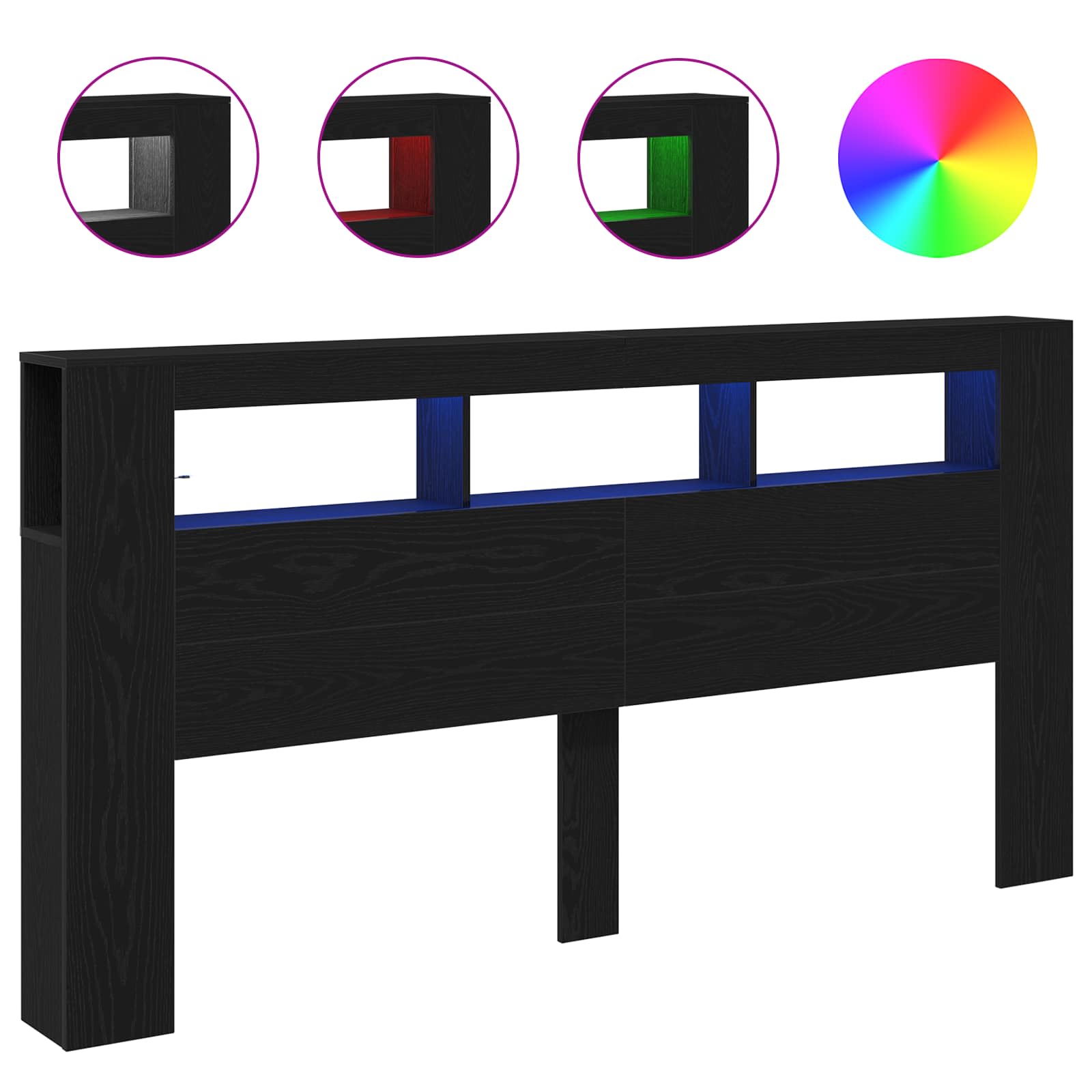 Tête de lit LED avec étagère Chêne noir 200 x 18,5 x 103,5 cm - XIOS