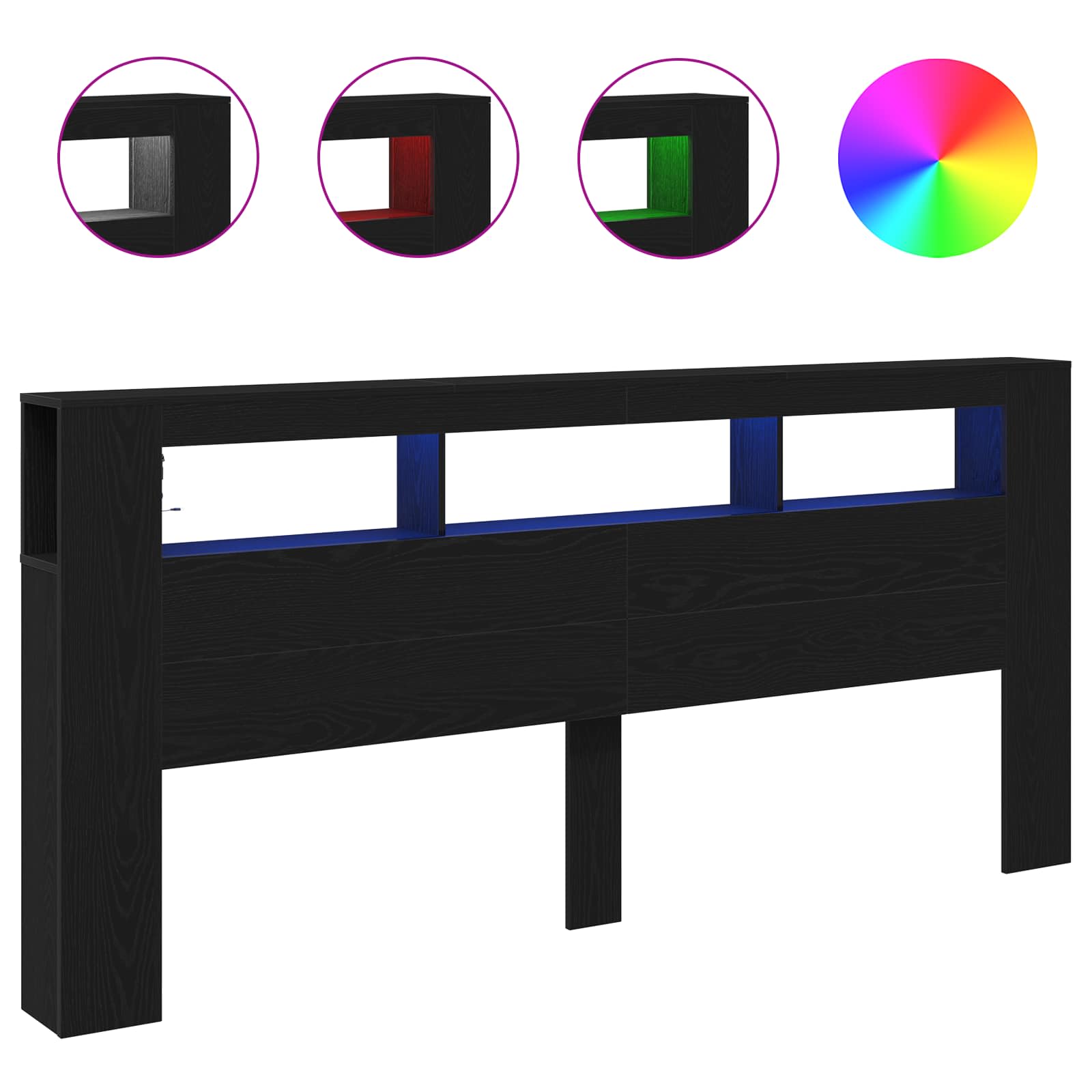 Tête de lit LED avec étagère Chêne noir 220 x 18,5 x 103,5 cm - XIOS